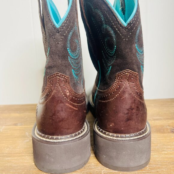 Ariat Women's 7.5 Fatbaby Heritage Dapper Western Boots Round Toe Chocolate Turq - Picture 4 of 10